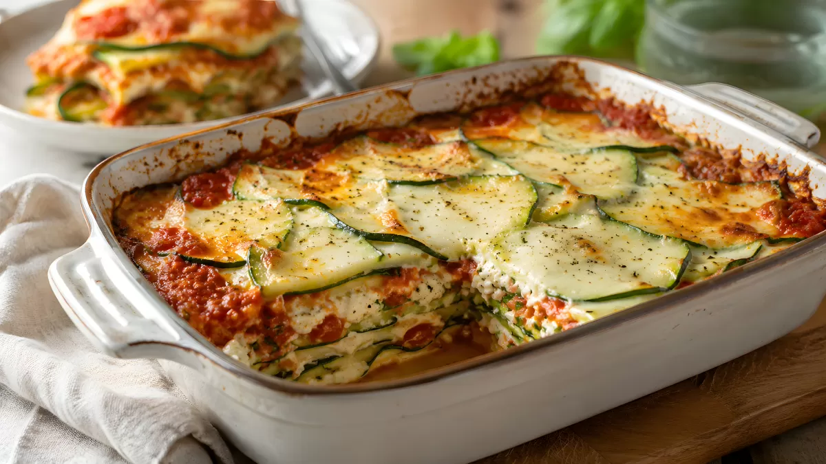 Zucchini-Lasagne mit Tomatensauce frisch aus dem Ofen