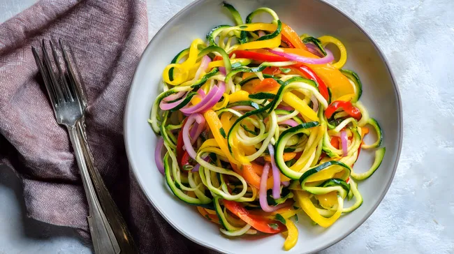Zucchini-Nudeln mit buntem Gemüse auf Teller