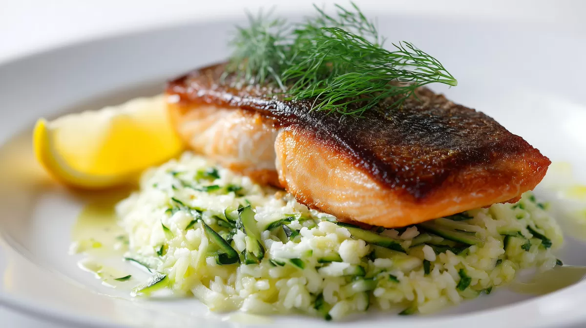 Zucchinireis mit gebratenem Lachsfilet und Dill