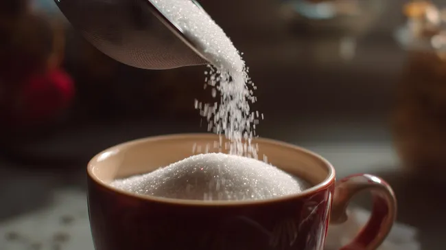 Zucker wird in eine Kaffeetasse geschüttet