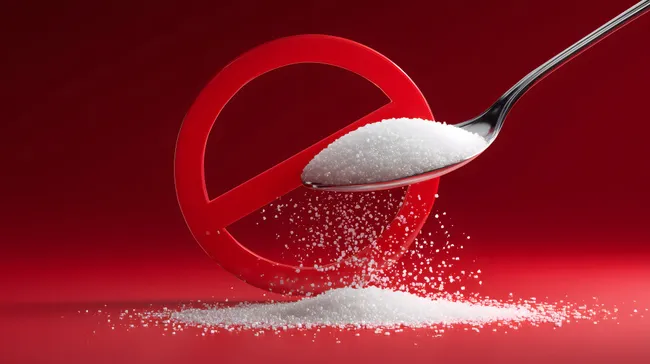 Zuckerarmes Konzept: Rieselnder Zucker vom Löffel vor Verbotsschild