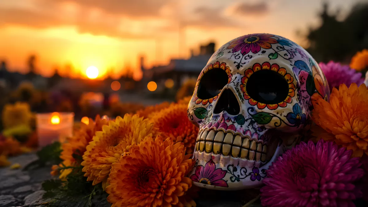 Zuckerschädel mit Blumen zum Día de los Muertos
