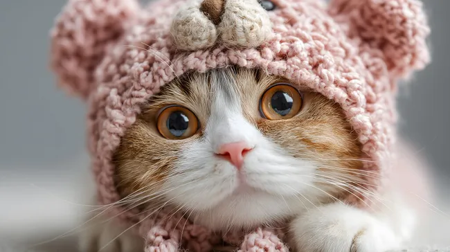 Zuckersüße Katze in kuscheliger Pom-Pom-Mütze