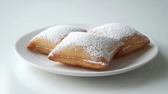Zuckrige Beignets auf weißem Teller