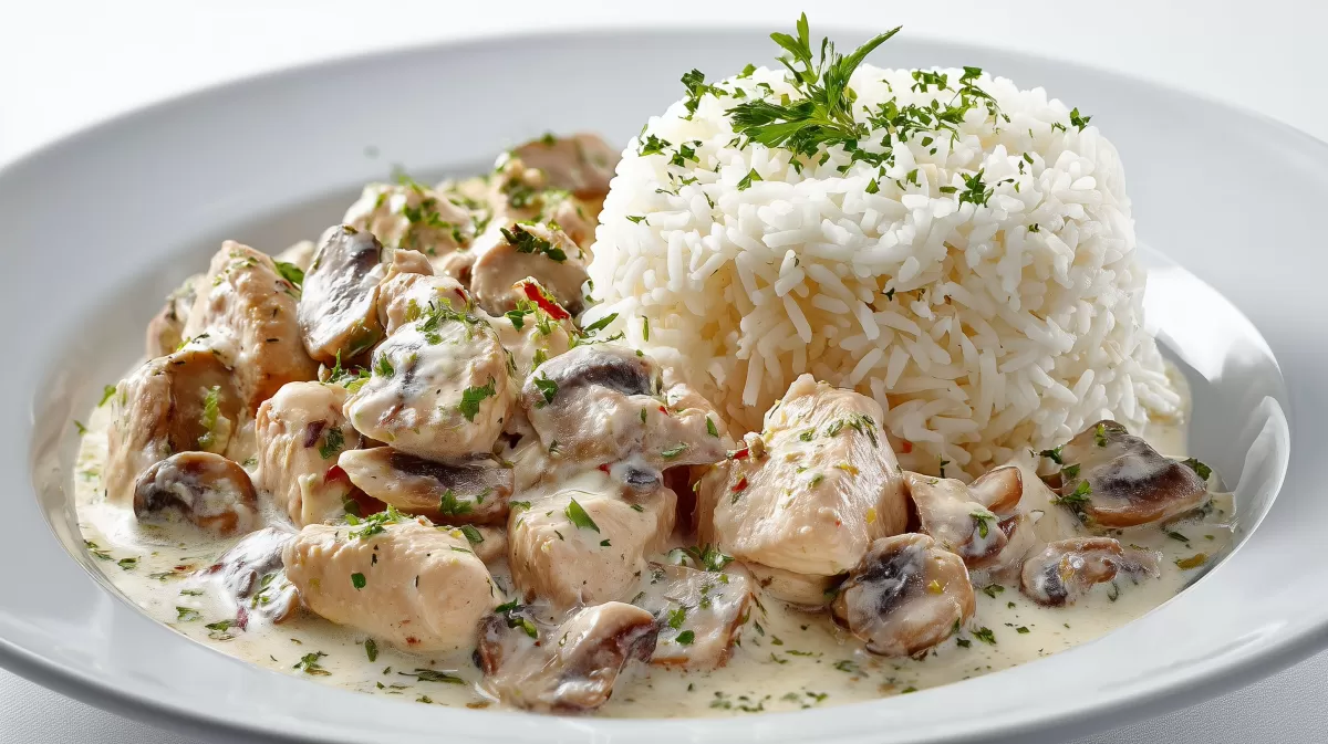 Züricher Hühnchen Geschnetzeltes mit Reis und Pilzen