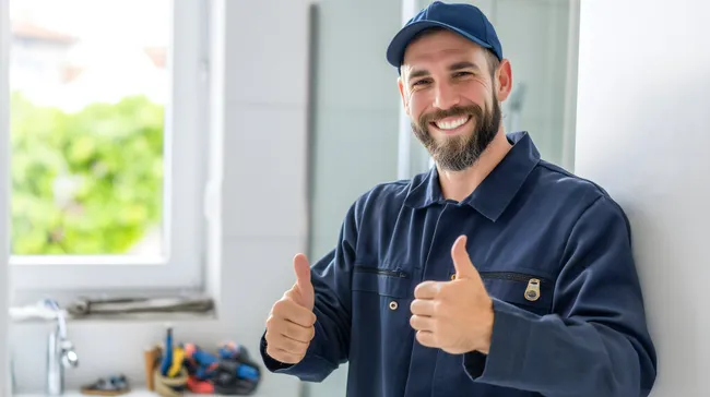 Zufriedener Handwerker gibt Daumen hoch im Badezimmer