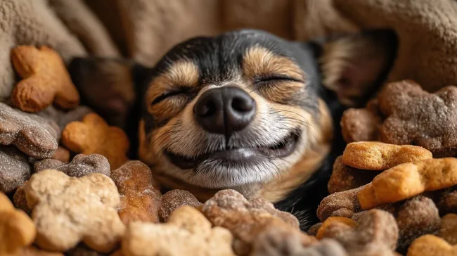 Zufriedener Hund genießt Ruhe unter Hundekeksen