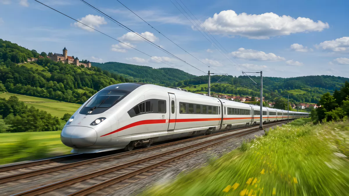 Zug rast durch grüne Landschaft mit Burg