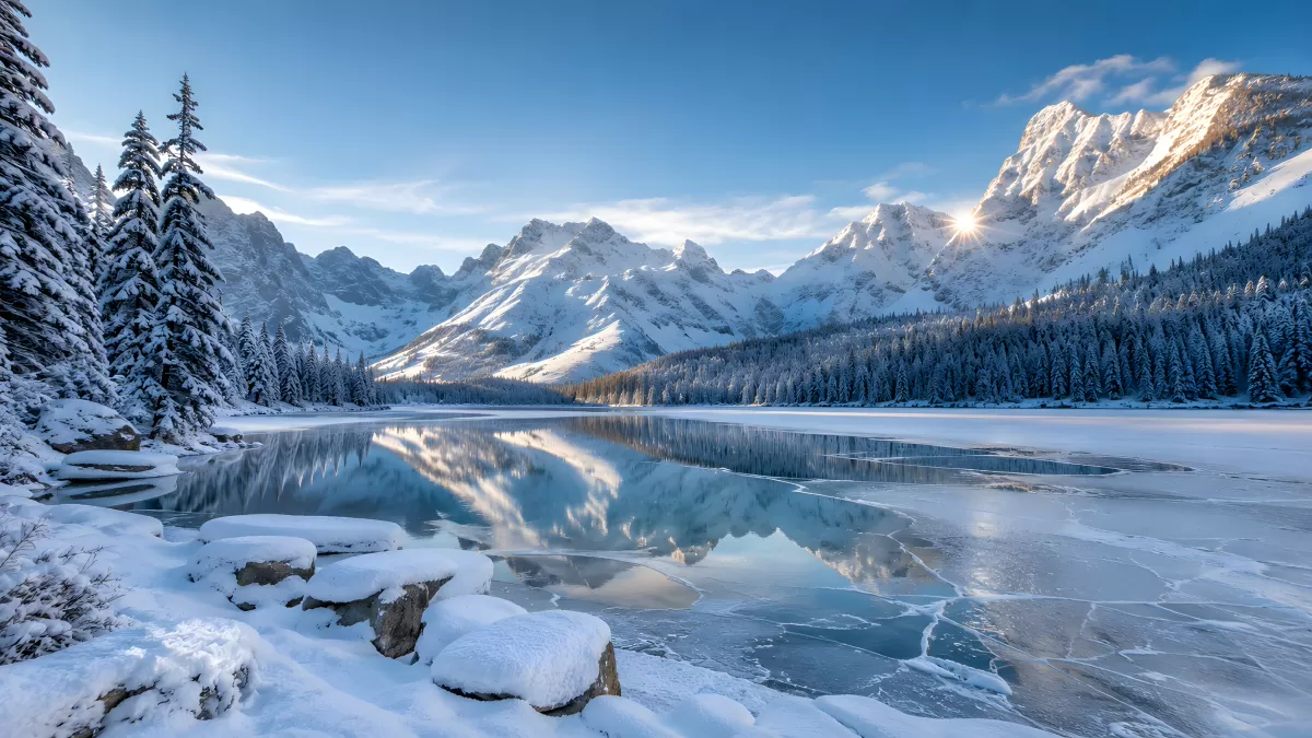 Zugefrorener Bergsee im Winter mit Spiegelung