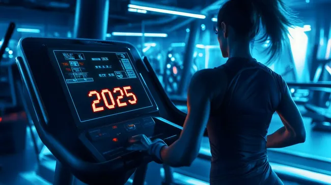 Zukunftsorientierter Laufband-Fitnessraum in dynamischer Beleuchtung