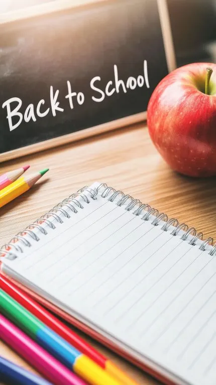 Zurück in die Schule: Tischdekoration mit Apfel und Notizbuch