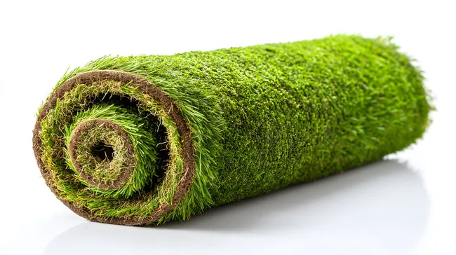 Zusammengerollter Frischrasen vor weißem Hintergrund