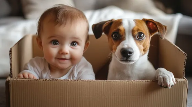 Zusammenhalt und Freude - Babyporträt mit Hund im Pappkarton