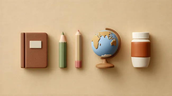 Zusammenstellung von Schulmaterialien: Buch, Stifte und Globus