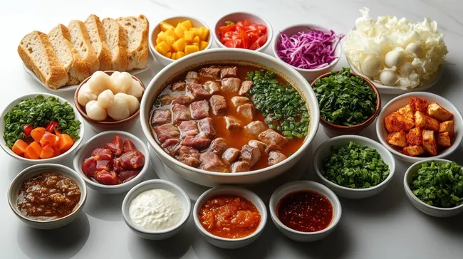 Zutaten für leckere Gemüsesuppe in rustikaler Schüsselkomposition