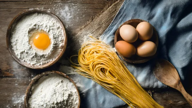 Zutaten für selbstgemachte Pasta auf rustikalem Holz