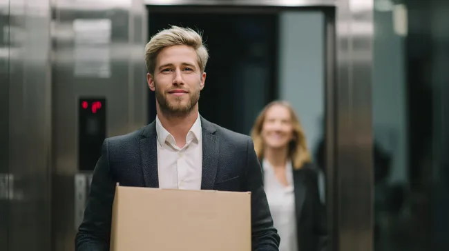 Zuversichtlicher Geschäftsmann verlässt Firma mit Umzugskarton