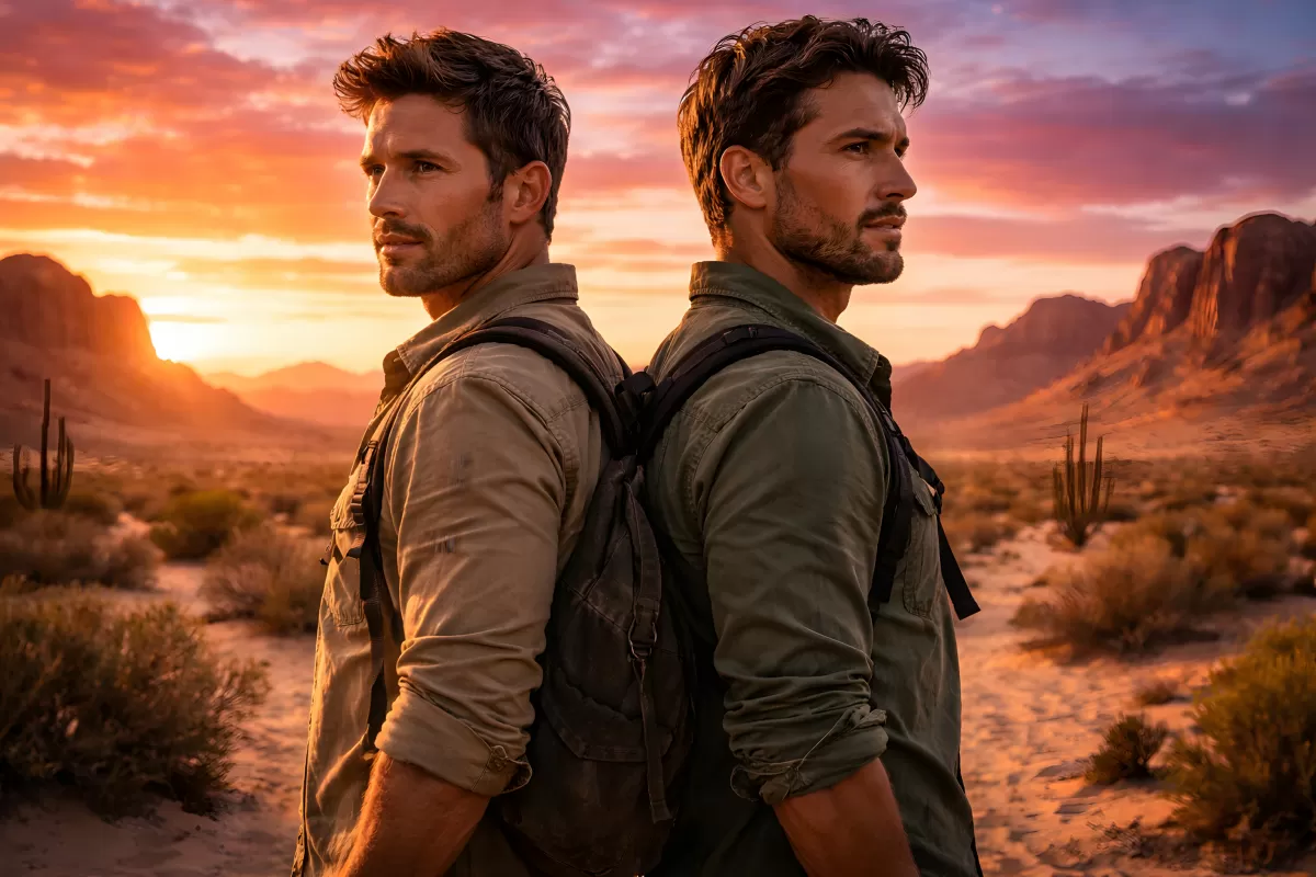 Zwei Abenteurer in der Wüstenlandschaft