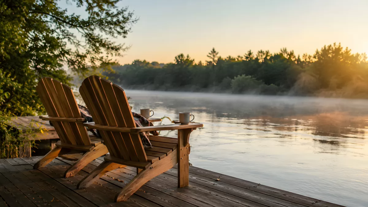 Zwei Adirondack-Stühle mit Kaffeetassen am Seeufer