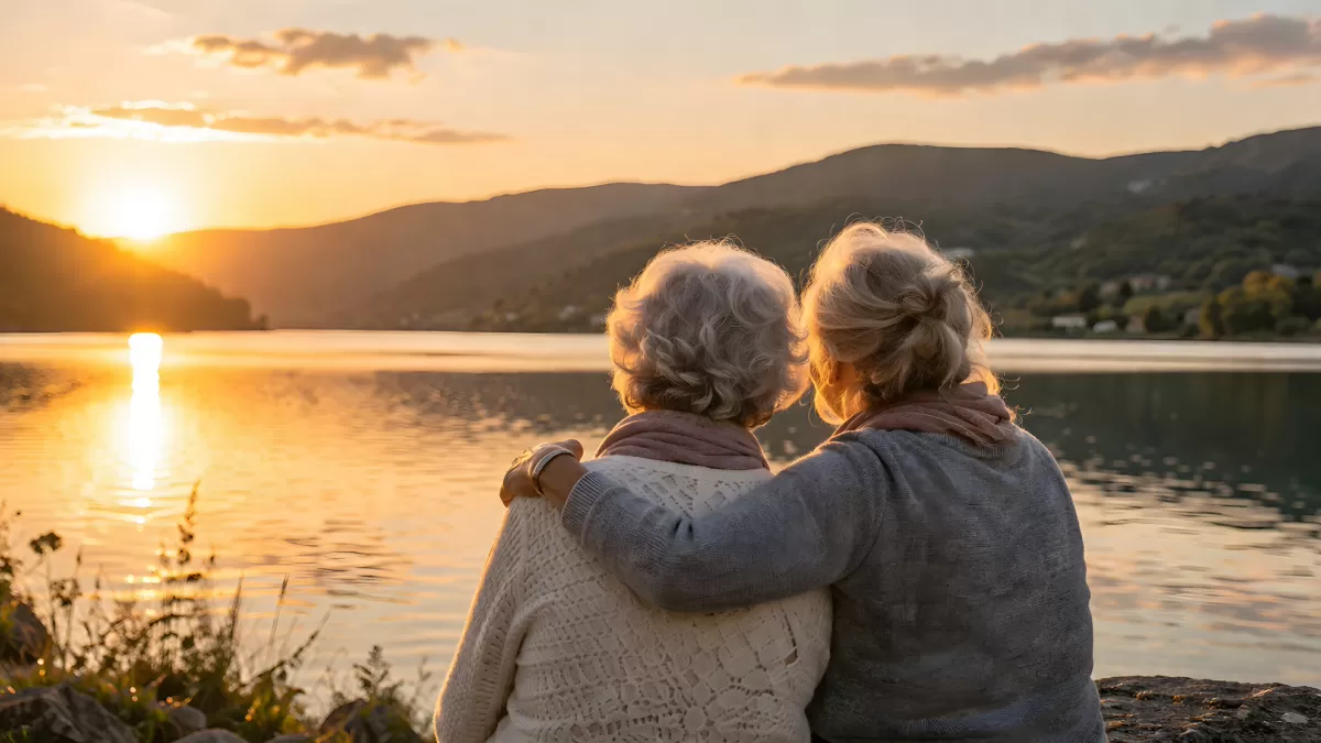 Zwei ältere Frauen am See beim gemeinsamen Sonnenuntergang