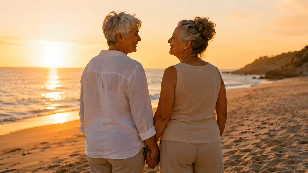 Zwei ältere Frauen beim Sonnenuntergang am Strand