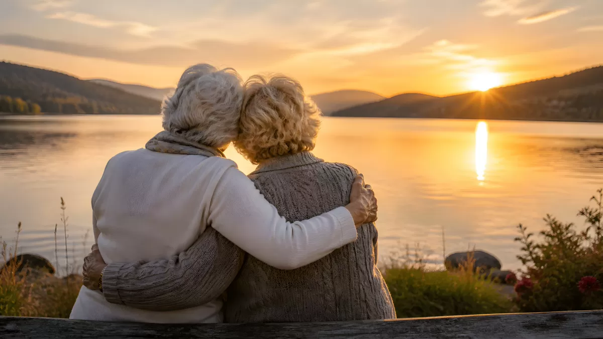 Zwei ältere Frauen umarmen sich beim Sonnenuntergang am See