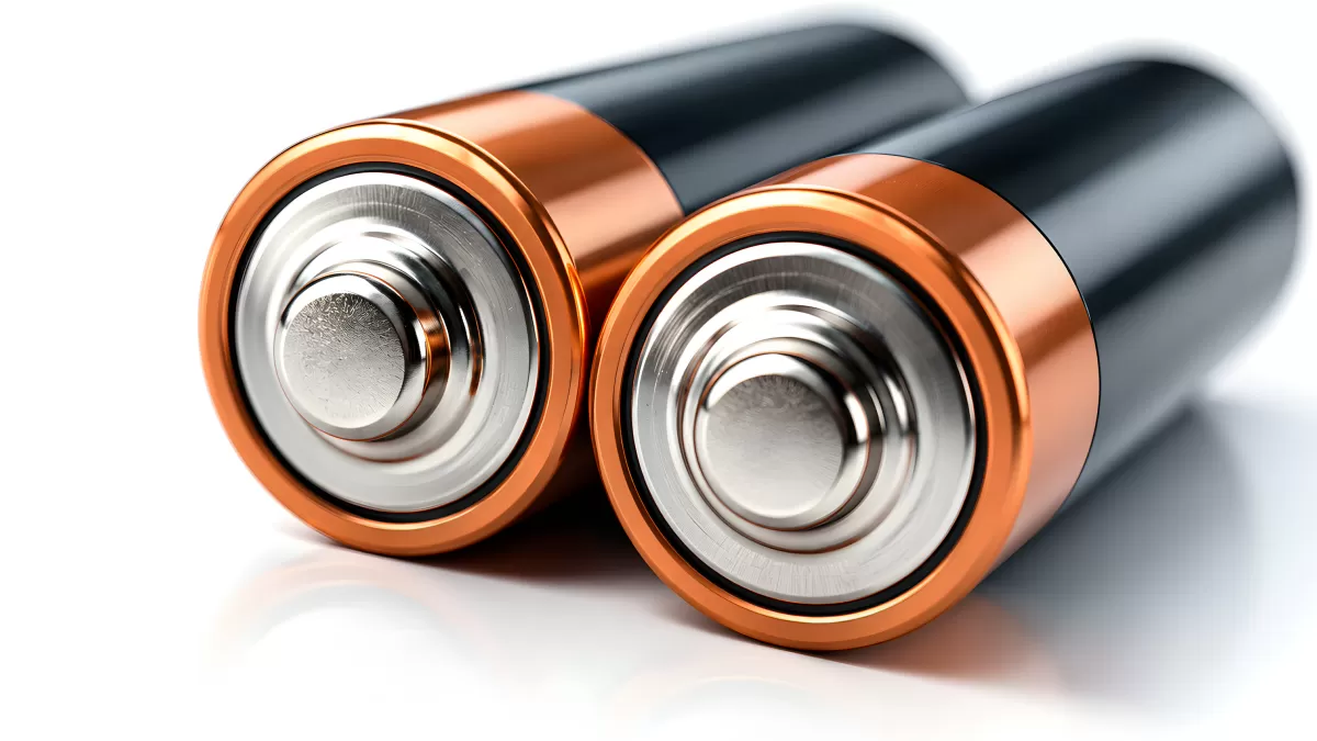 Zwei Alkalibatterien in Nahaufnahme auf weißem Grund