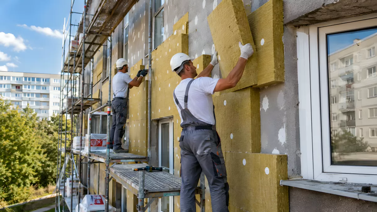 Zwei Arbeiter dämmen Fassade mit Mineralwolle