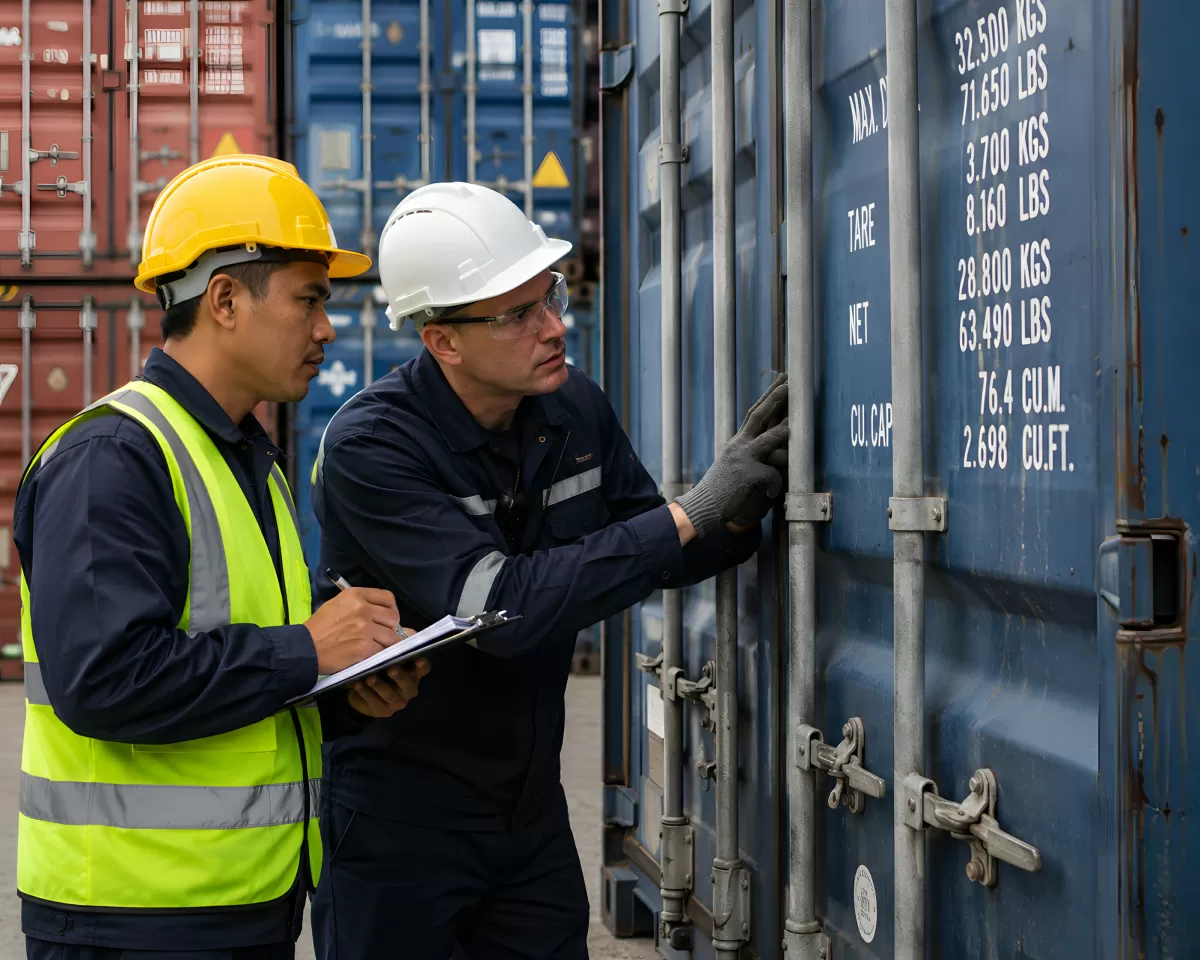 Zwei Arbeiter prüfen Frachtcontainer im Hafen