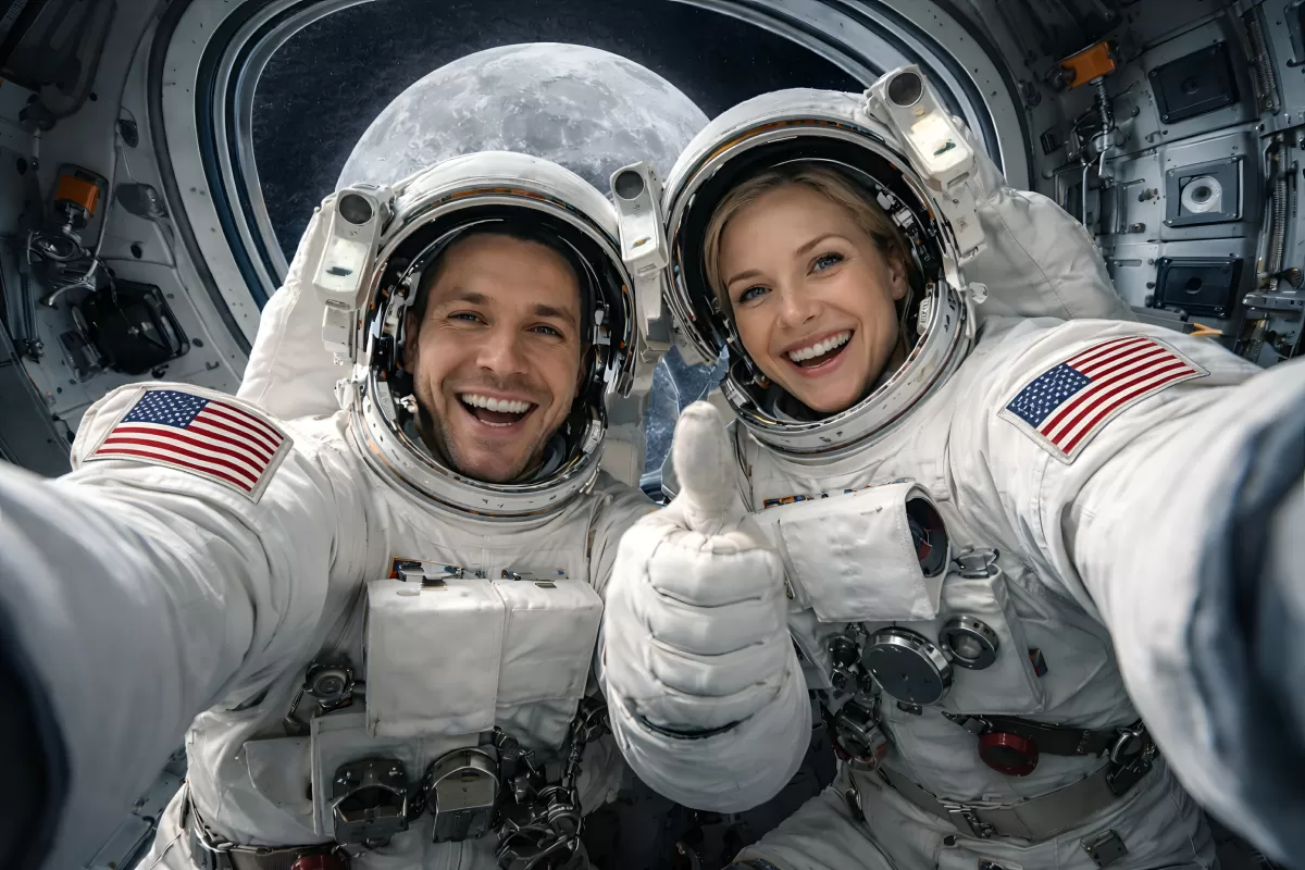 Zwei Astronauten machen Selfie vor dem Mond