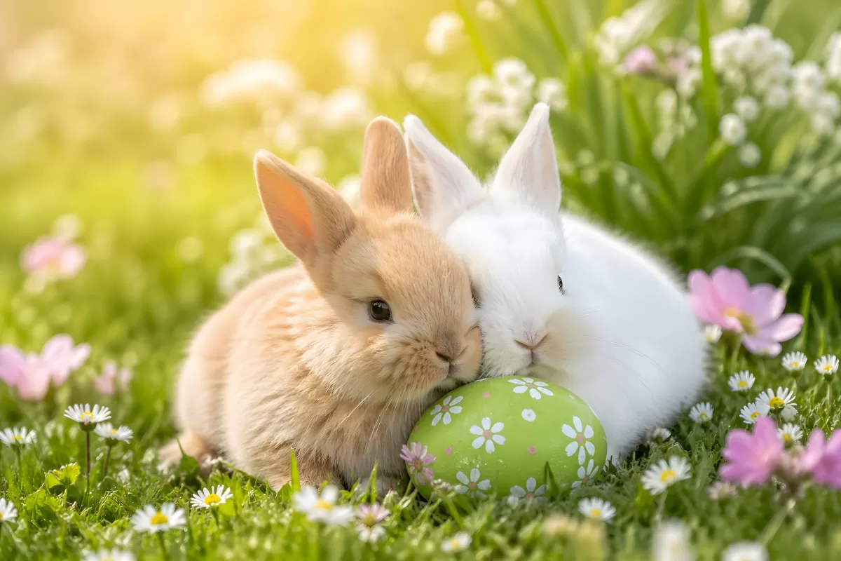 Zwei Babyhasen kuscheln auf Frühlingswiese mit Osterei