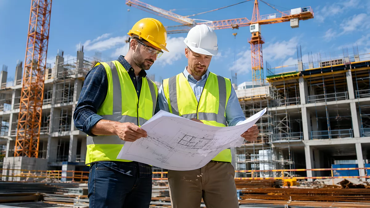 Zwei Bauingenieure prüfen Baupläne auf Großbaustelle