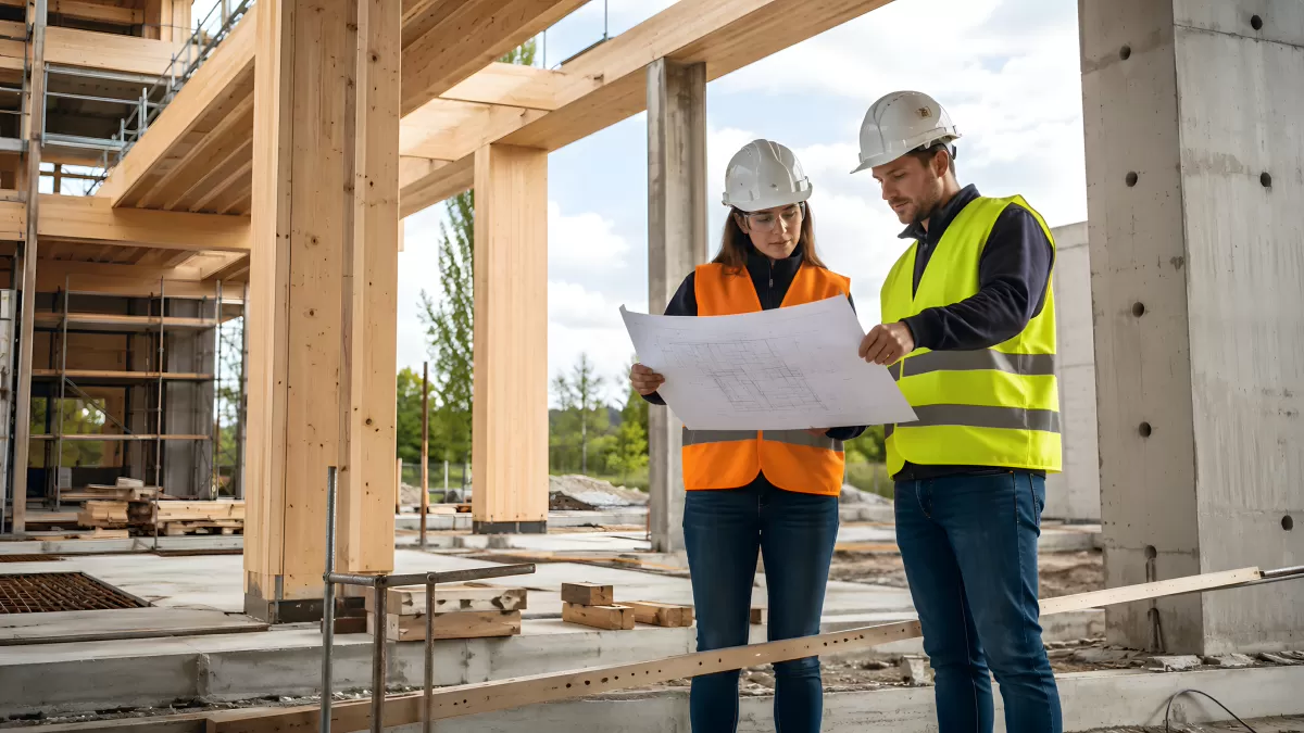 Zwei Bauleiter prüfen Baupläne auf Rohbaustelle