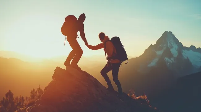 Zwei Bergsteiger helfen sich am Gipfel bei Sonnenuntergang