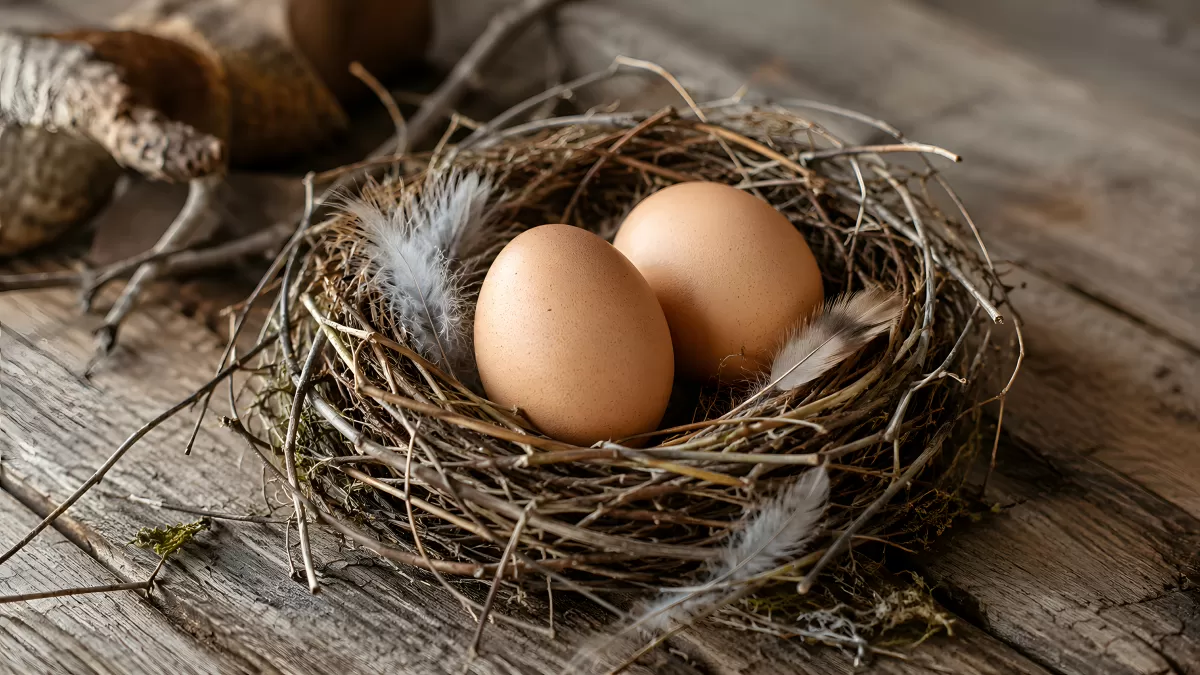Zwei braune Eier im Vogelnest auf Holz