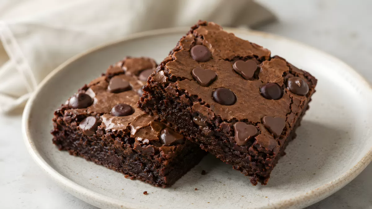 Zwei Brownies mit Schokoladenchips auf einem Teller