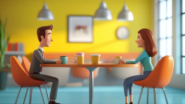 Zwei Bürokolleg*innen trinken Kaffee und unterhalten sich