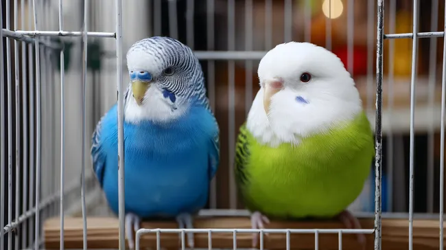 Zwei bunte Wellensittiche in Käfig