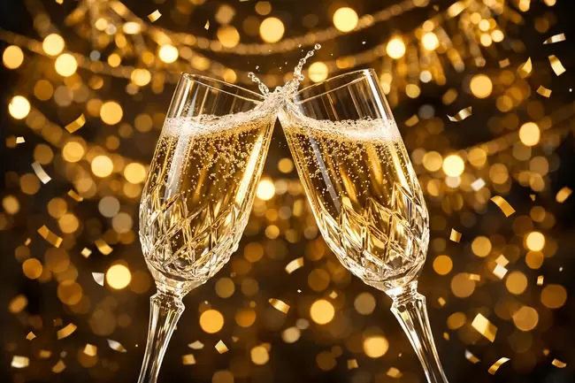 Zwei Champagnergläser stoßen auf eine fröhliche Feier an