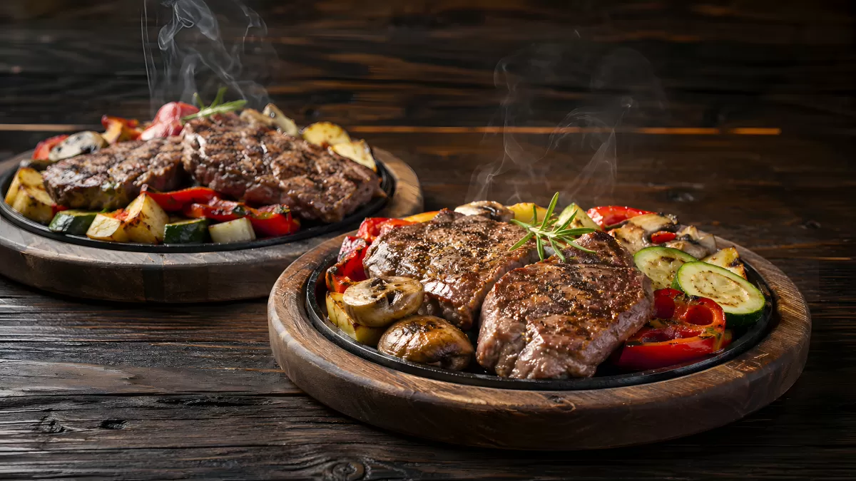 Zwei dampfende Steaks auf gusseisernen Pfannen mit Grillgemüse