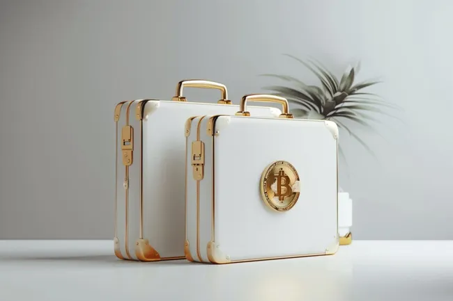 Zwei edle Reisekoffer mit Bitcoin-Logo in Weiß und Gold