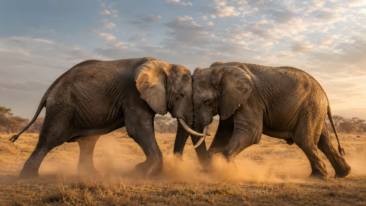 Zwei Elefanten kämpfen in der afrikanischen Savanne