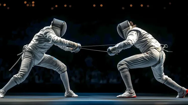 Zwei Fechter in intensivem Duell auf Fechtbahn