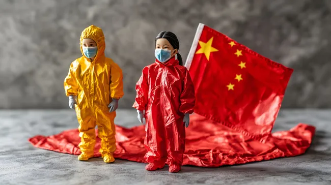 Zwei Figuren in Schutzanzügen mit chinesischer Flagge