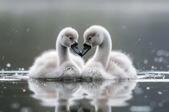 Zwei flauschige Schwanenjungen im See