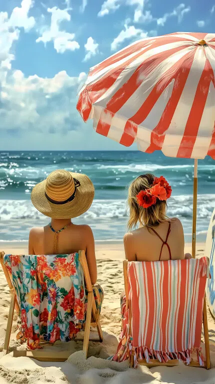 Zwei Frauen am Strand unter gestreiftem Sonnenschirm