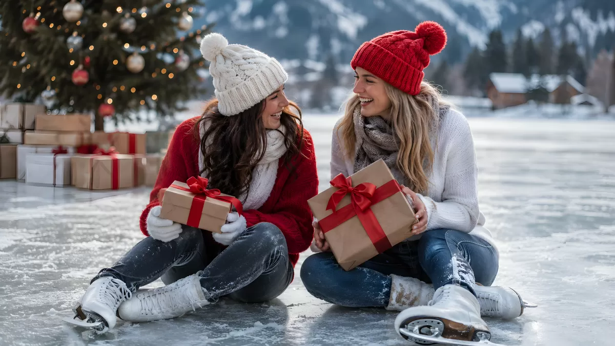 Zwei Frauen auf Eis mit Weihnachtsgeschenken