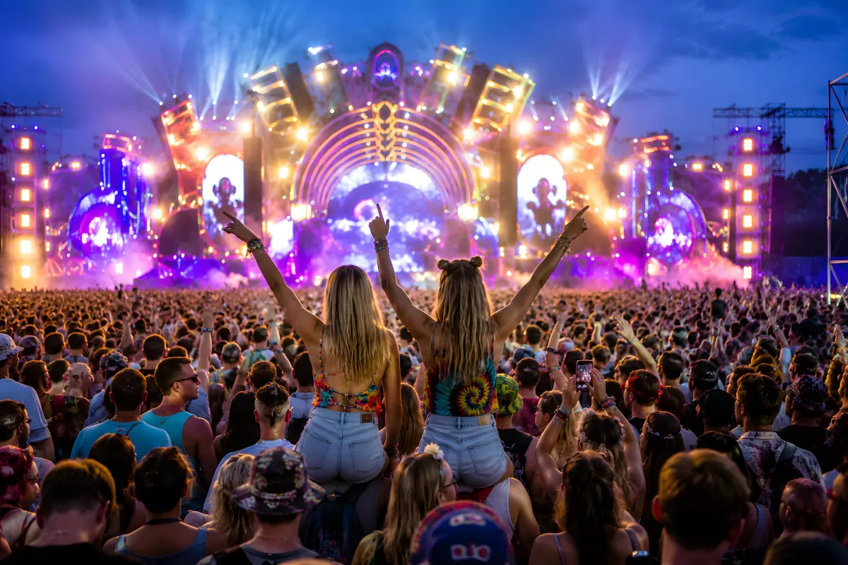 Zwei Frauen feiern ausgelassen auf einem Musikfestival