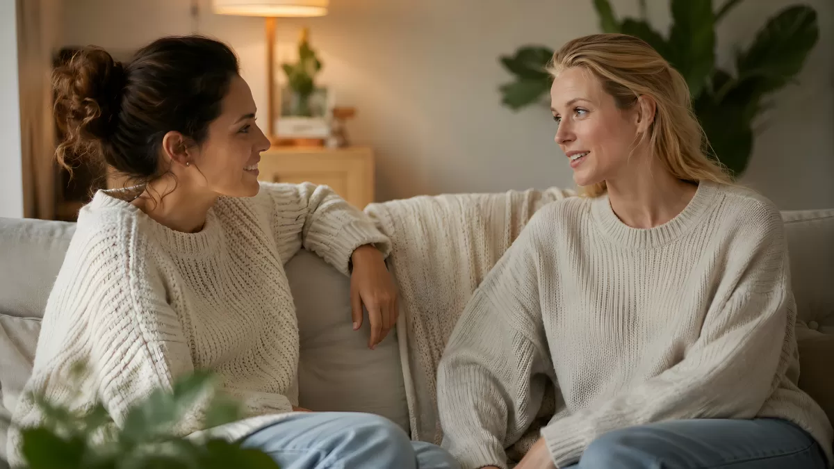 Zwei Frauen im Gespräch auf dem Sofa zuhause