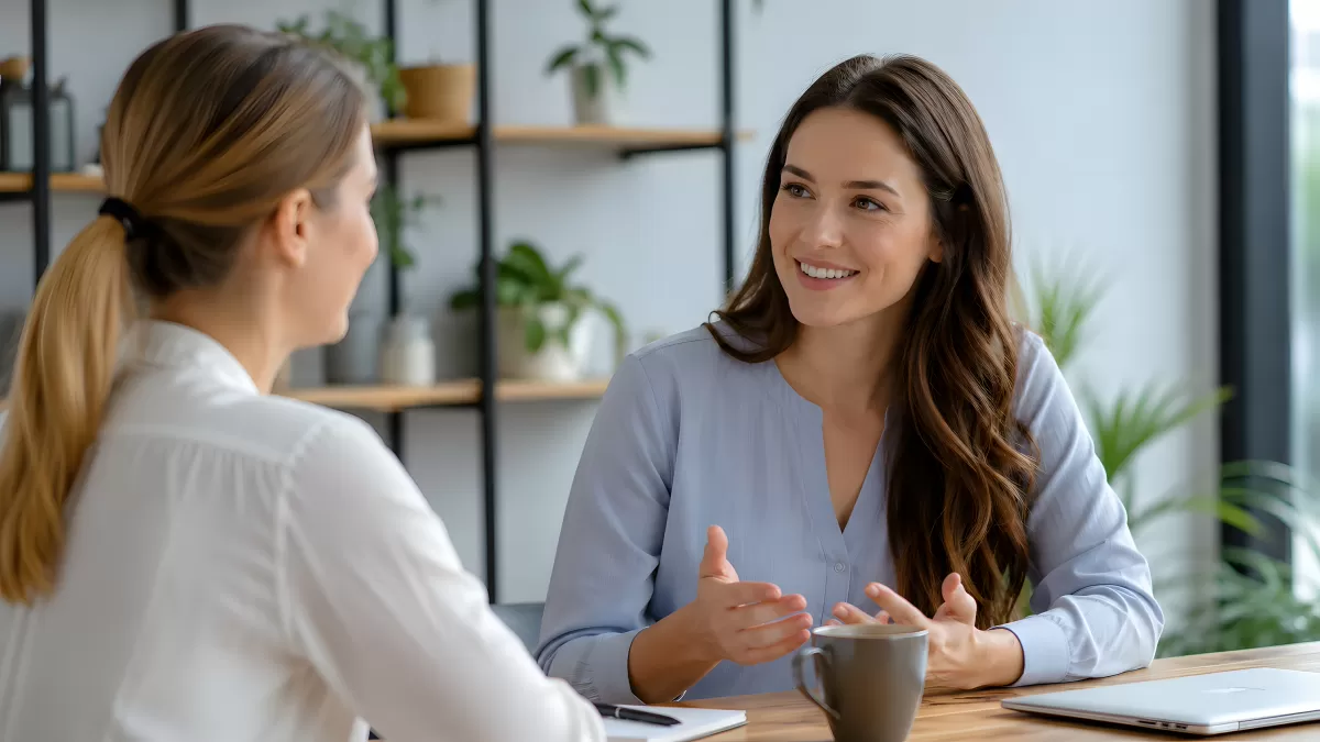 Zwei Frauen im Gespräch beim beruflichen Meeting